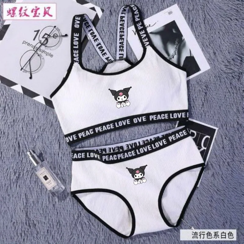 Sanrio Kuromi Underwear Cute Girls\' Bra Cotton No Steel Ring Letter Shoulder Strap Bra Set Beautiful Back Sports Underwear Set