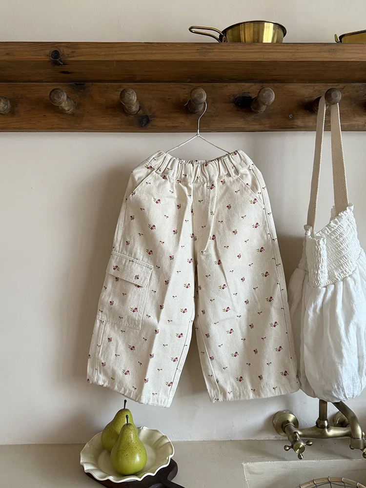 

Childrens Spring Autumn New Pants 2025 Korean Fashionable Casual Daily Floral Print Straight Long Pants Girls All-match Trousers