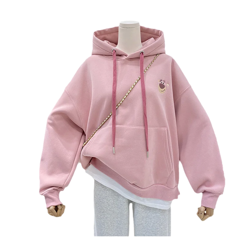 Sweat à capuche grande taille pour femme, décontracté, doublé, broderie d'ours, coupe ample, vêtements d'extérieur pour l'automne et l'hiver, faux deux pièces...