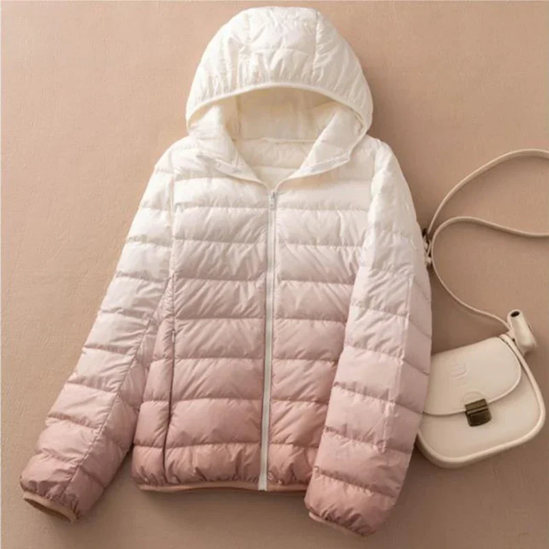 Inverno feminino 90% pato branco para baixo casaco ultra leve oversize puffer jaqueta feminina curto com capuz cor gradiente parkas 2024