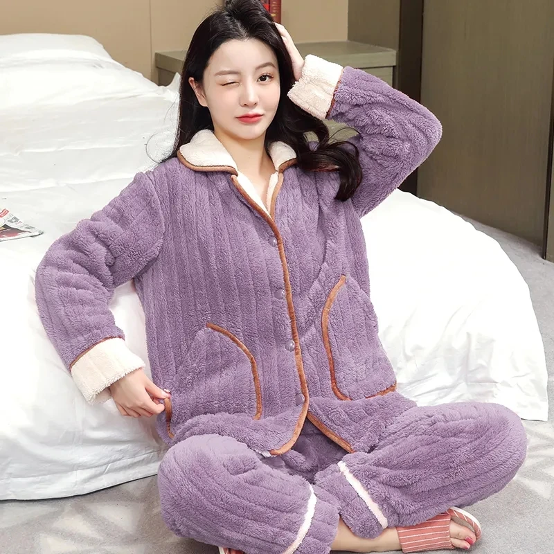 2024 Autumn Winter Coral fleece Pajamas For women Thicken Flannel Warm Long sleeved Flannel home Clothes Female Two-piece set