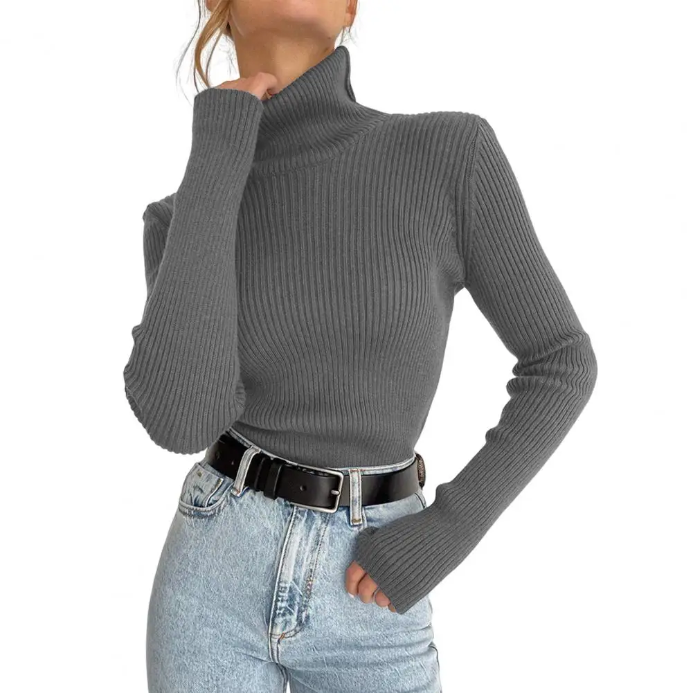 

Fall Winter Sweater Ladies High Collar Knit Slim Fit Elastic Striped Texture Long Sleeve Anti-shrink Lady Bottoming Top 2023