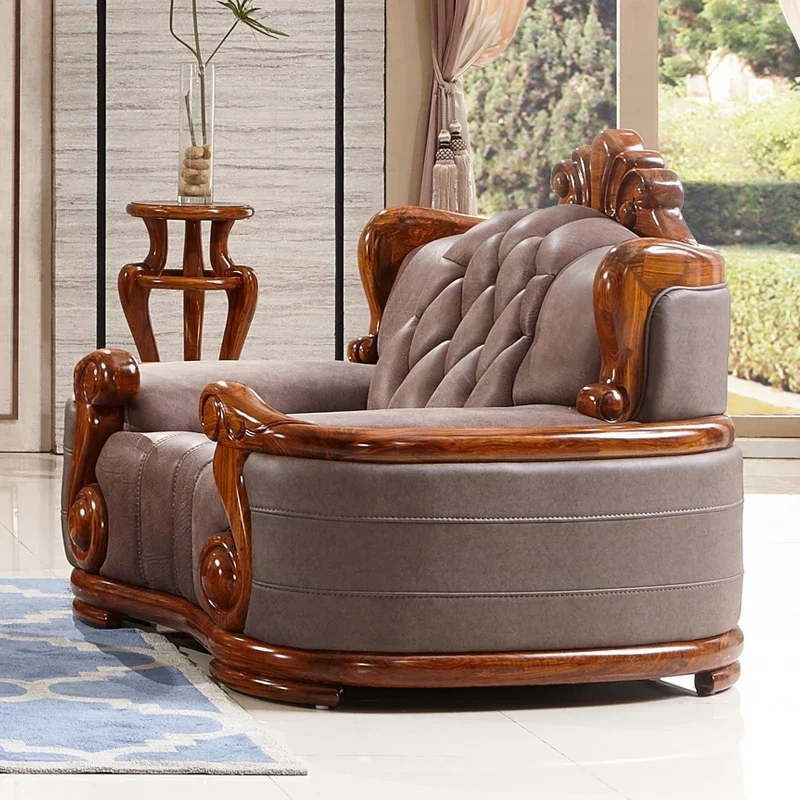 Sofa, solid wood carving, villa, club, top layer leather, living room