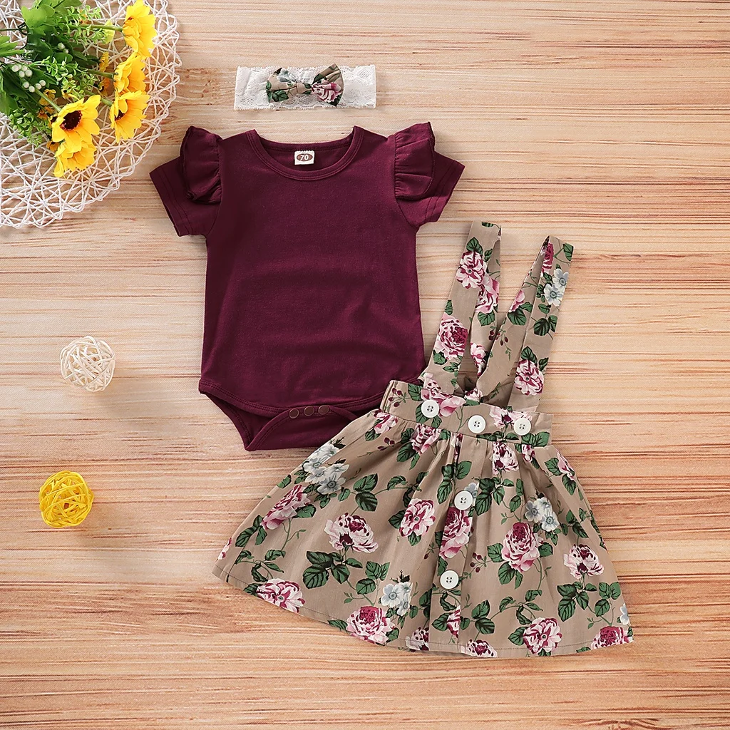 Newbornt Baby Girl Clothes Set Short Sleeve Romper Top+Suspender Skirt +Headband 3PCS Outfits Summer Toddler Girl Clothing