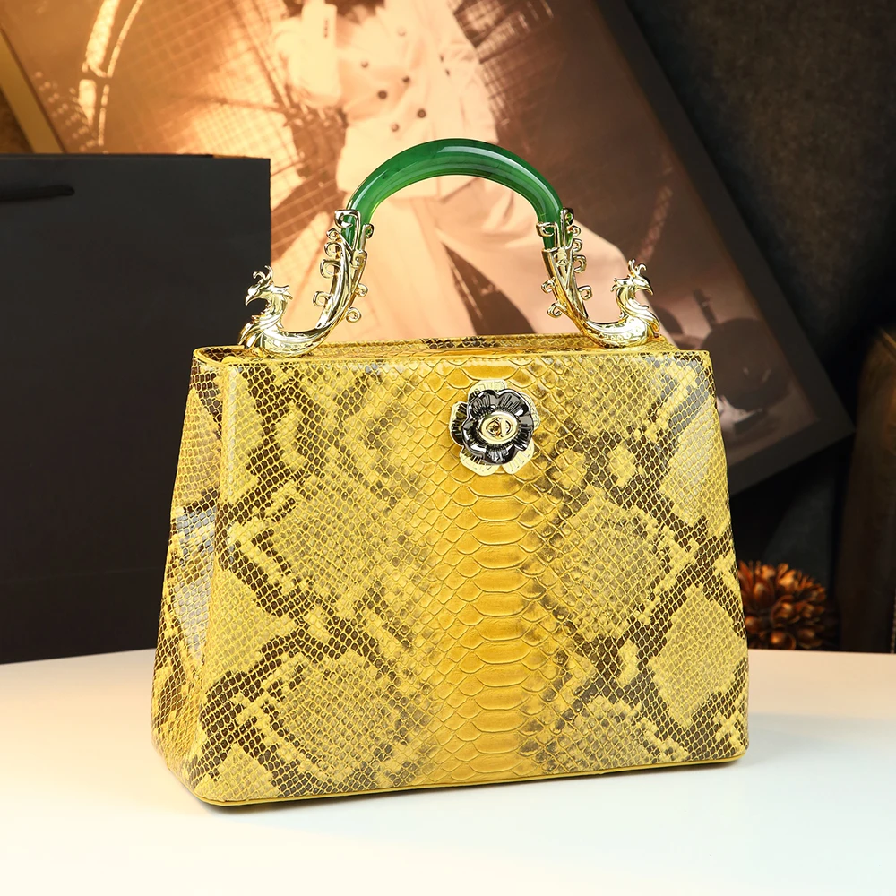 2026 New Luxury Designer Snake Pattern Handbags for Women Green Resin Jade Handle Snakeskin Shoulder Bag Fashion
