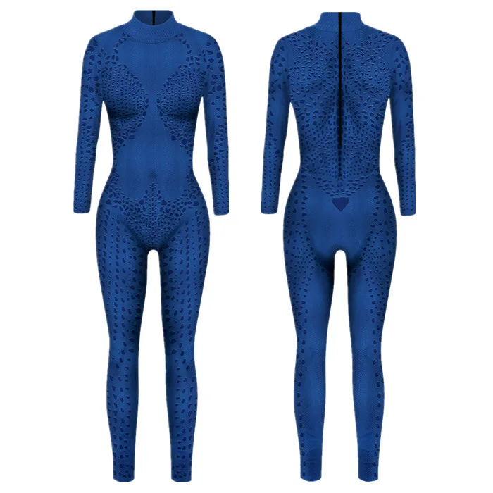 Damen Halloween Cosplay Filmkostüm Blaue Sexy Jumpsuits Film Karneval Party Bühnenauftritt Zentai Bodysuits Outfit 2026 – Detail 3