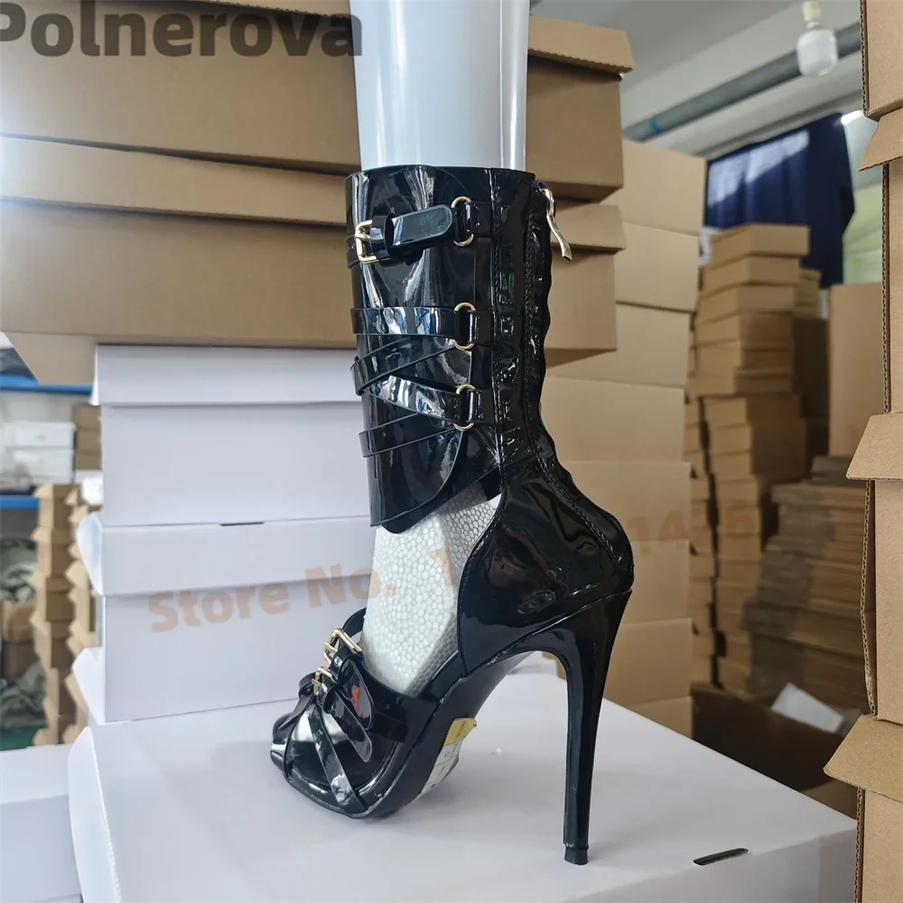 Fivela de cinto sandálias femininas botas stiletto couro patente gladiador sexy salto alto dedo do pé aberto preto sólido luxo sapatos verão