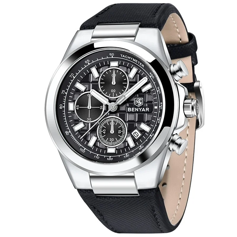 BENYAR 5206 Классические модные новые мужские часы Кварцевые роскошные светящиеся хронографы Водонепроницаемые кожаные мужские деловые часы с календарем