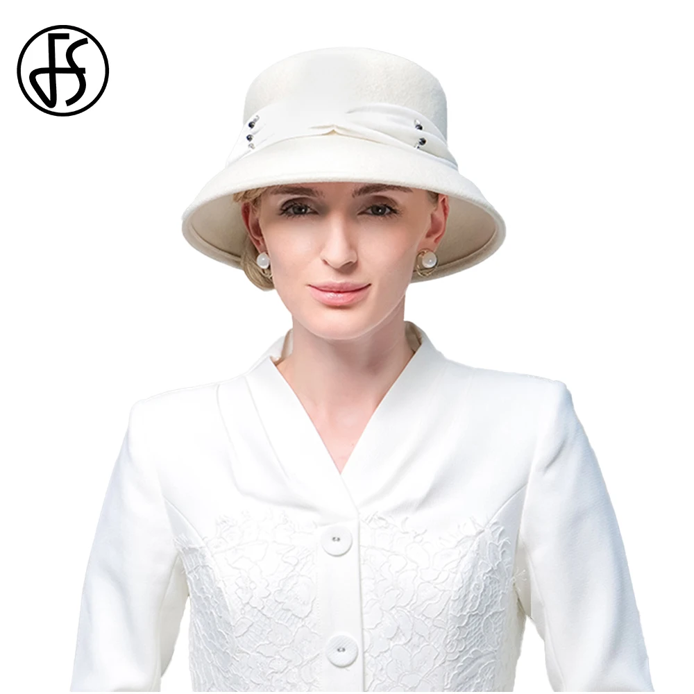 

FS 2024 Ladies White Church Bowler Hats For Women Formal Occasion Autumn Elegant Fashion British Top Cap Wool Felt Fedora