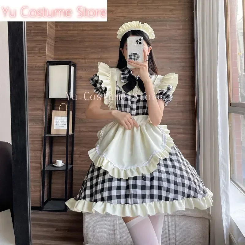 

Lolita Maid Outfit for Cosplay, Japanese Cute Style, Black and Red Plaid Dress, Plus Size Clothes, Sexy Dress Yu Costume
