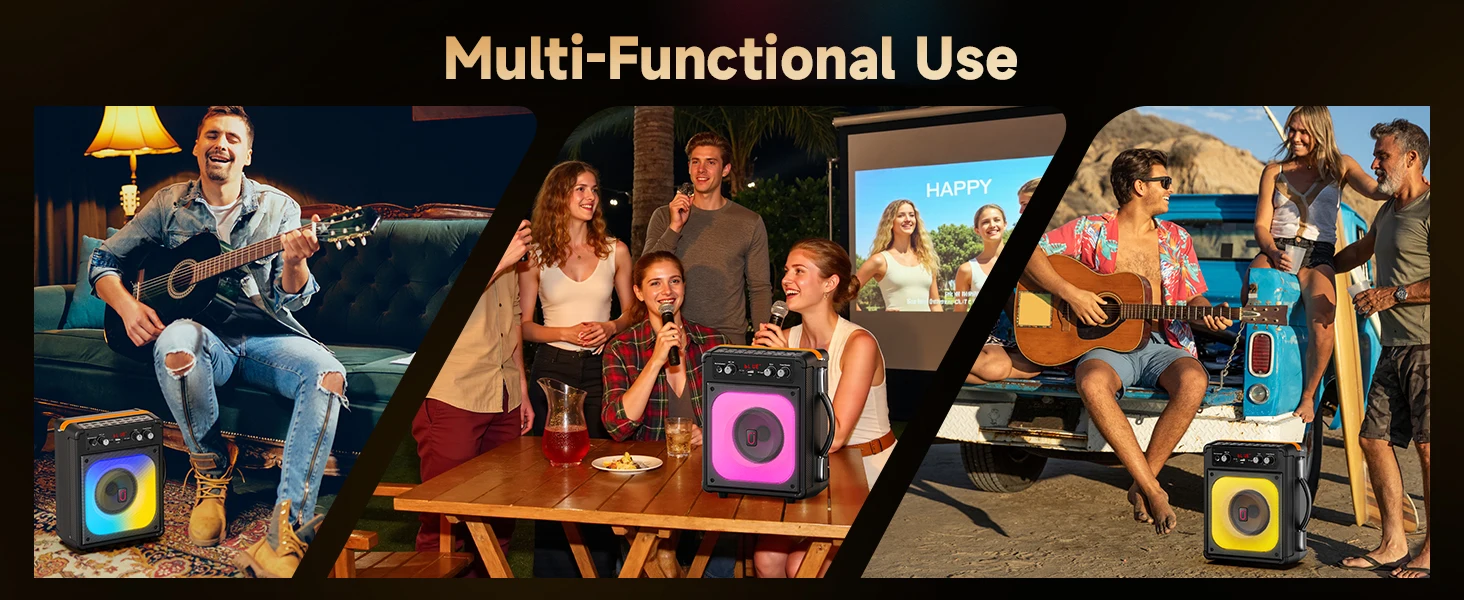 Karaoke-Maschine, tragbarer Bluetooth-Lautsprecher mit 2 kabellosen Mikrofonen, PA-System unterstützt TWS/USB/TF/REC/AUX und TV-Verbindung – Detail 6