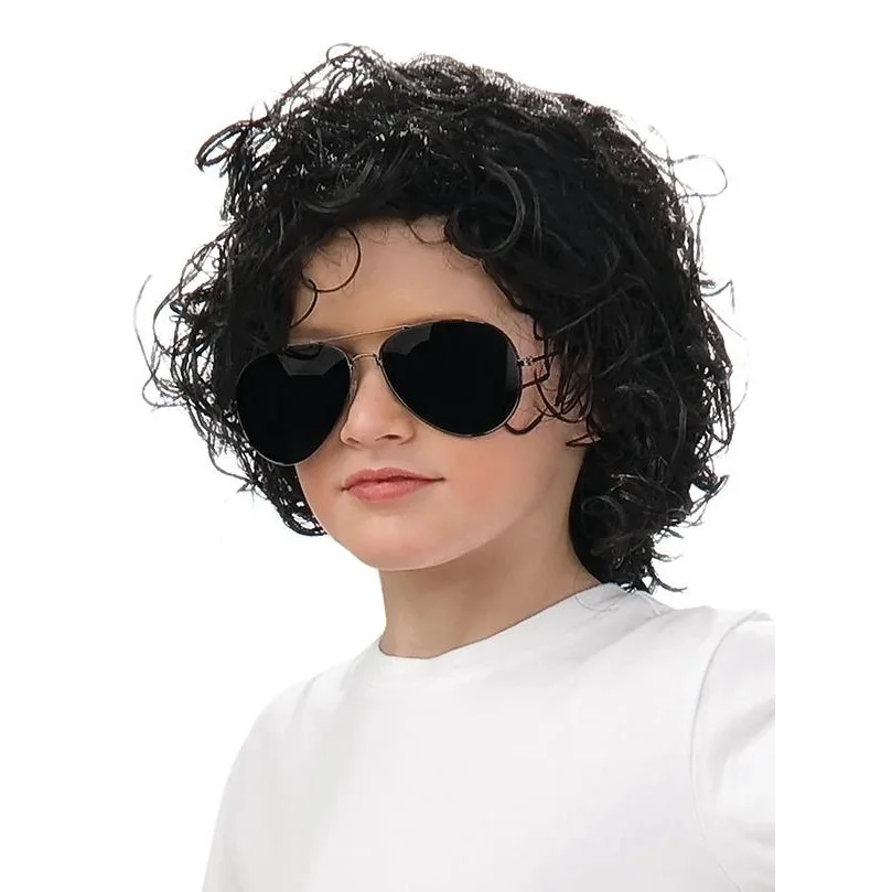 Short Black Curly Rocker Disco Wig with Glasses Boys Wet Look Wig 70s Mullet Wig Michael Jackson Role Play Synthetic Wig For Men