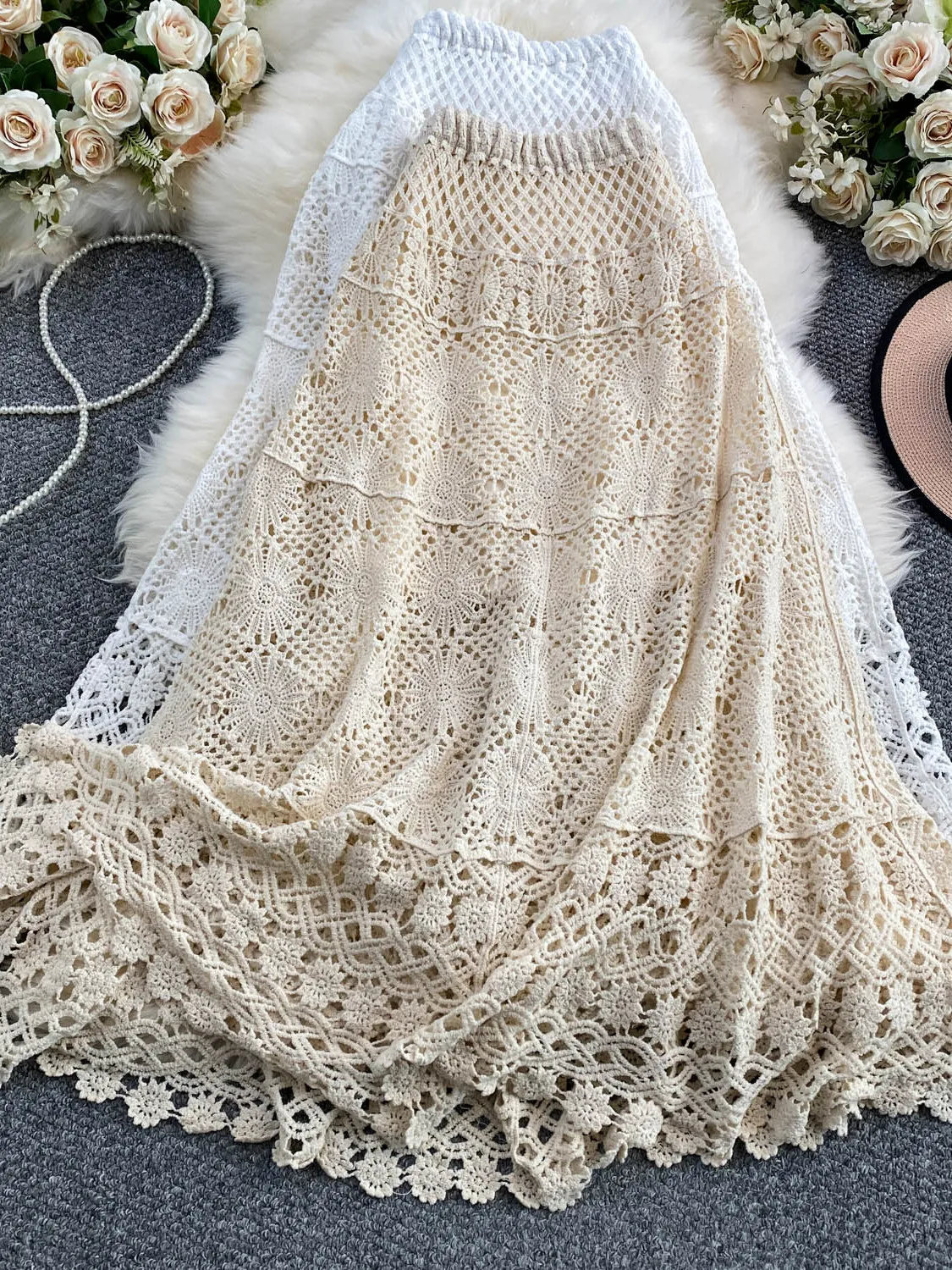Bohemian Style Sweet Lace Knitted Half Skirt Women's Summer High Waist Loose Slimming Holiday Long Skirt City Commute A-Line ...