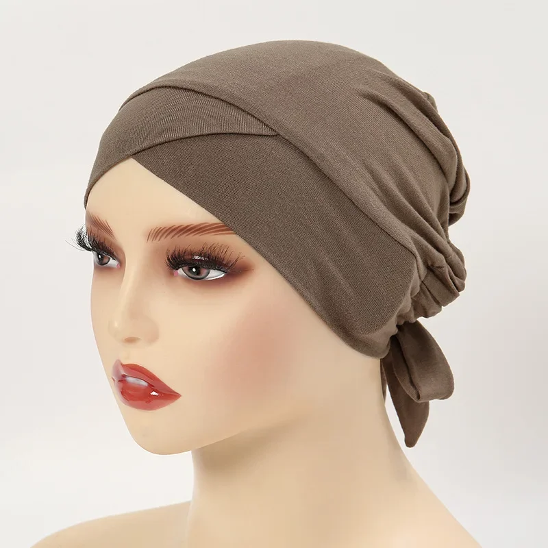 Modal Cotton Underscarf Lace Up Bonnet Muslim Inner Hat Stretch Beanies Chemo Cap Hair Loss Undercap Wraps Islam Turbante Mujer