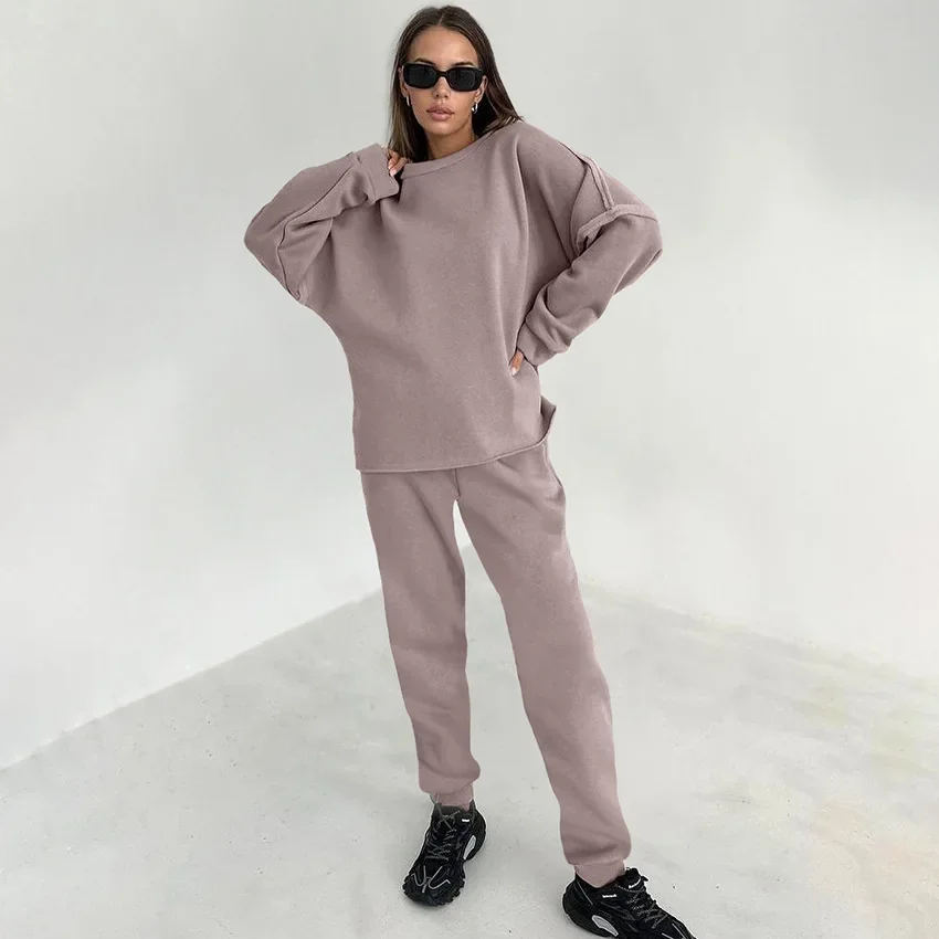 Pants Sets Two Pieces Set Women Tracksuit O Neck Hoodies Elastic Waist Pencil Pants Pullover Solid Pockets High Street Spliced