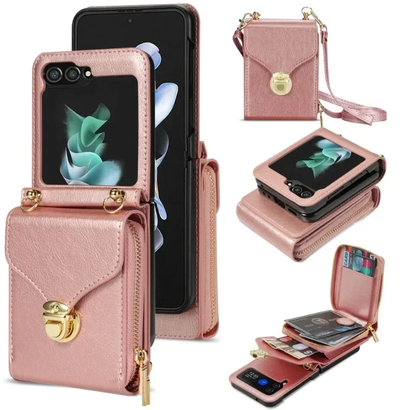 For Samsung Z Flip 5 Zipper multi-card bag crossbody mobile phone leather case lock buckle lanyard card protective cover