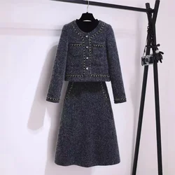 Women Woolen Gray Warm Suit Jacke Coat AndLong  Skirt Two Piece Set Matching Outfit Winter Office Lady Prom Party Work Clothing