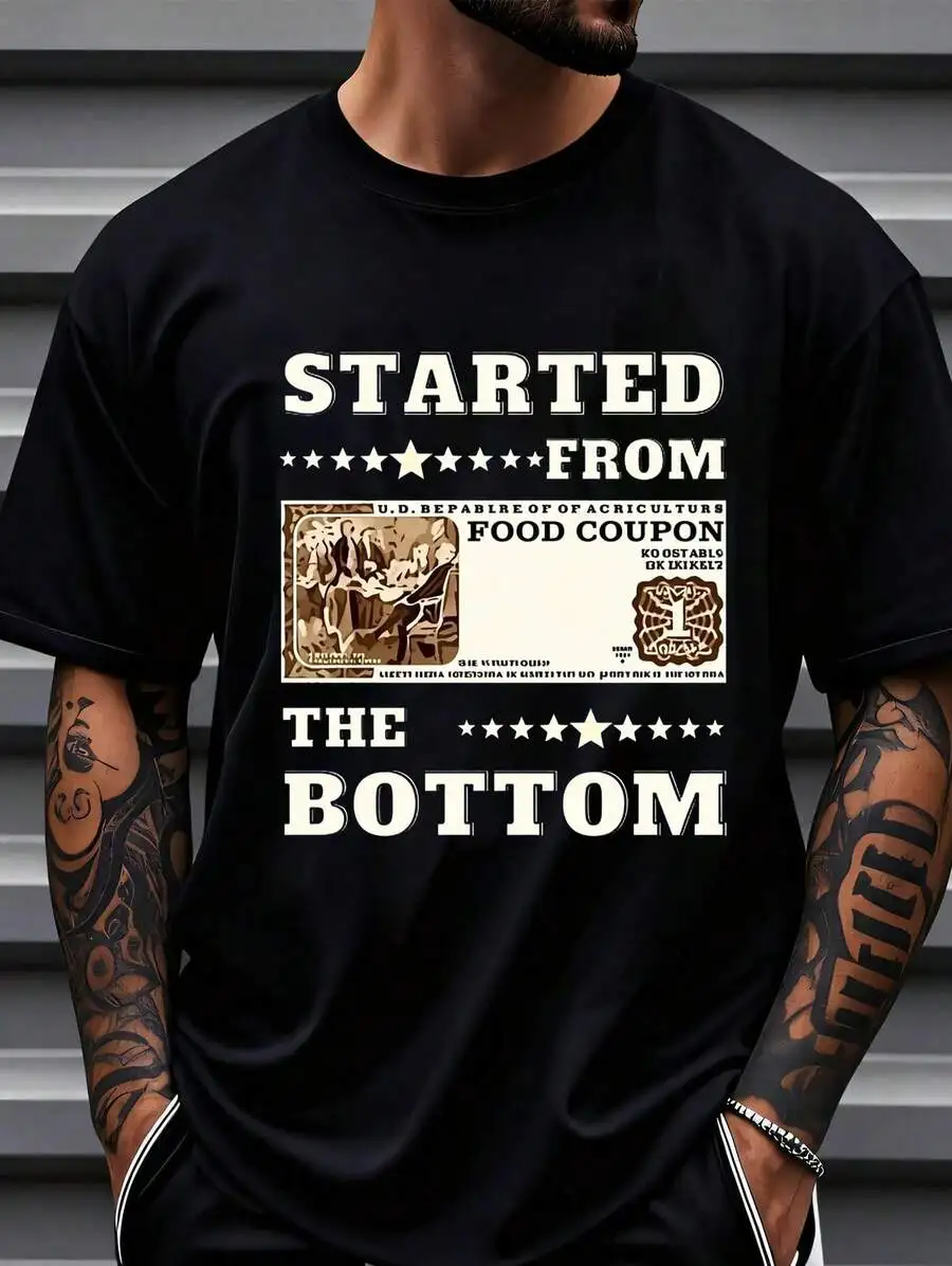 Printed T-Shirt Plus Size Men's Clothing, Plus Size Men's Shirt Tshirt Started From Bottom Food Stamp Coupon Stars T-Shirt ,Y2K,