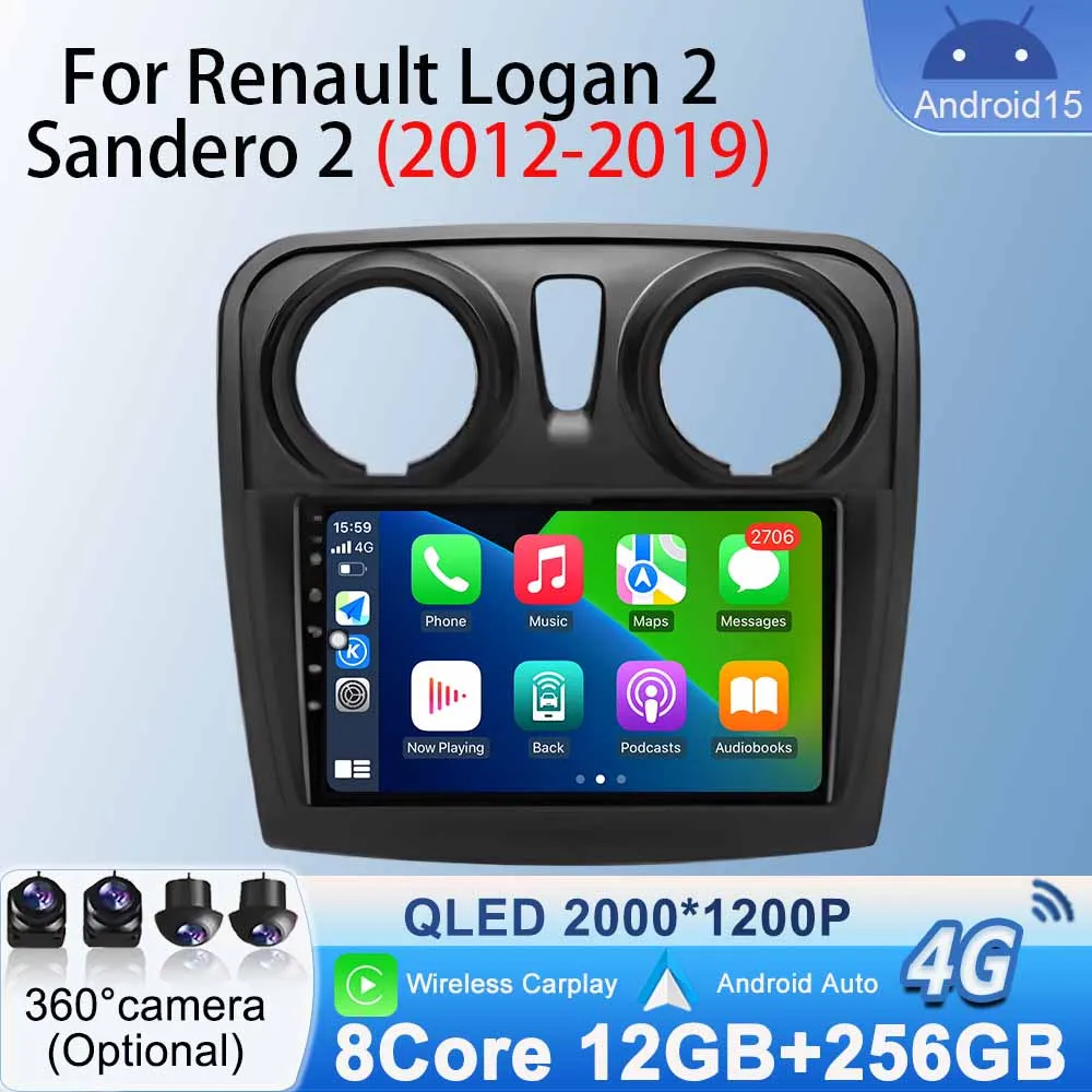 Android 15 WiFi Stereo for Renault Logan 2 Sandero 2 2012 - 2019 GPS Navigation Car Radio Multimedia Player Carplay Android Auto