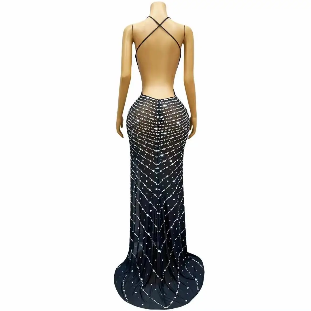 Frauen Sommer Abschluss ball Kleider Mode Silber Strass High Split Kleid Geburtstag sexy rücken freie Tanz Outfit Tanz Kostüm Yuehen