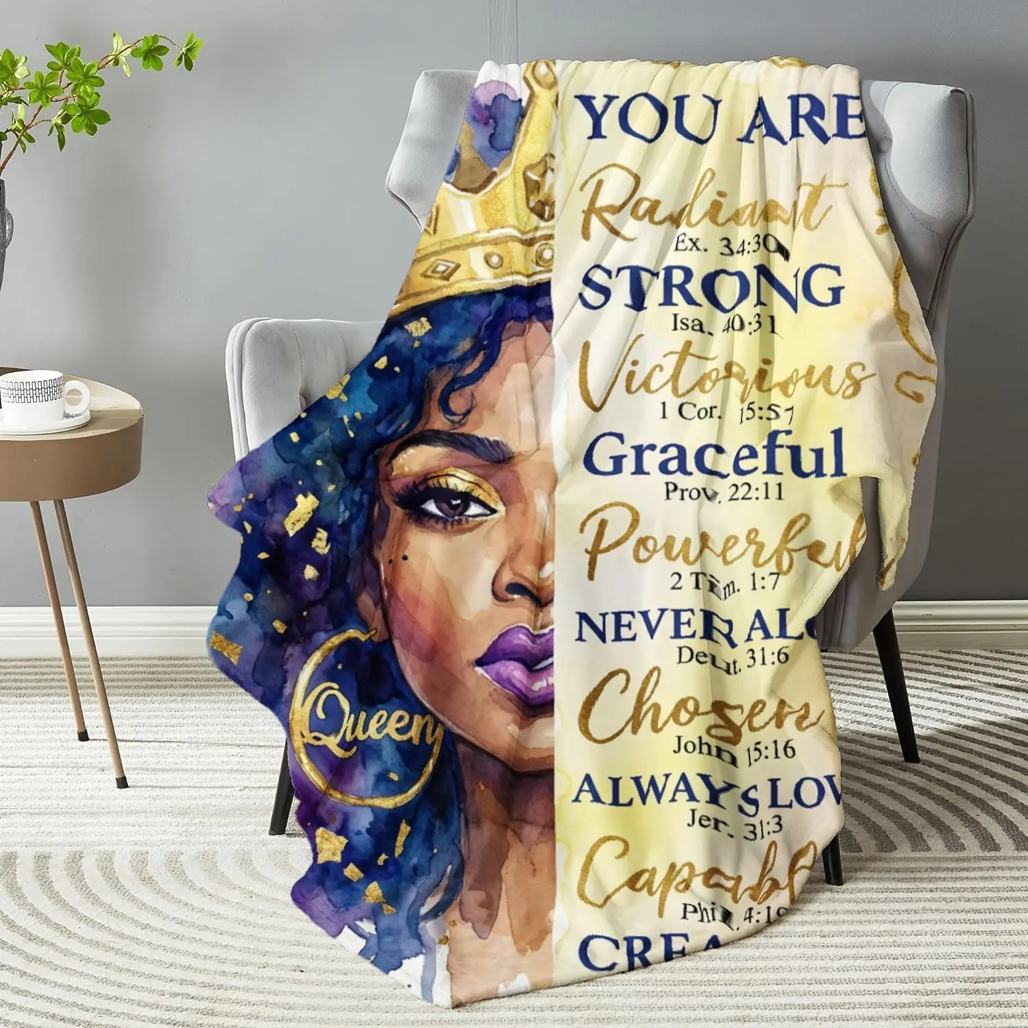 Radiant Strong Victorious Queen Affirmation Throw Blanket, Blue Purple Watercolor Portrait with Inspirational Bible Verses, Lightweight Printed Blanket for Sofa Bedroom Living Room, Christian Home Decor, Empowering Gift for Women, Prayer Space Accent