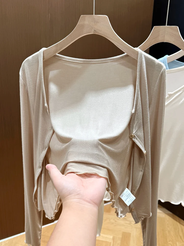 

Soft Skin-Friendly Sun Protection Knitted Cardigan Women's Spring Outerwear Long Sve Wrap oulder Strap Dr Top