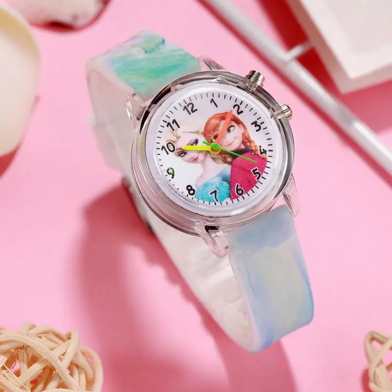 Disney Cartoon Frozen Princess Elsa children watches Colorful Led Light Watch Girls Kids Gift  Wristwatch Sports silicone strap