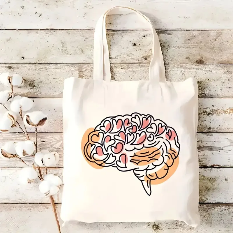 AHeart shape and brain pattern print canvas tote bag, suitable for daily use, shopping, school, and travel