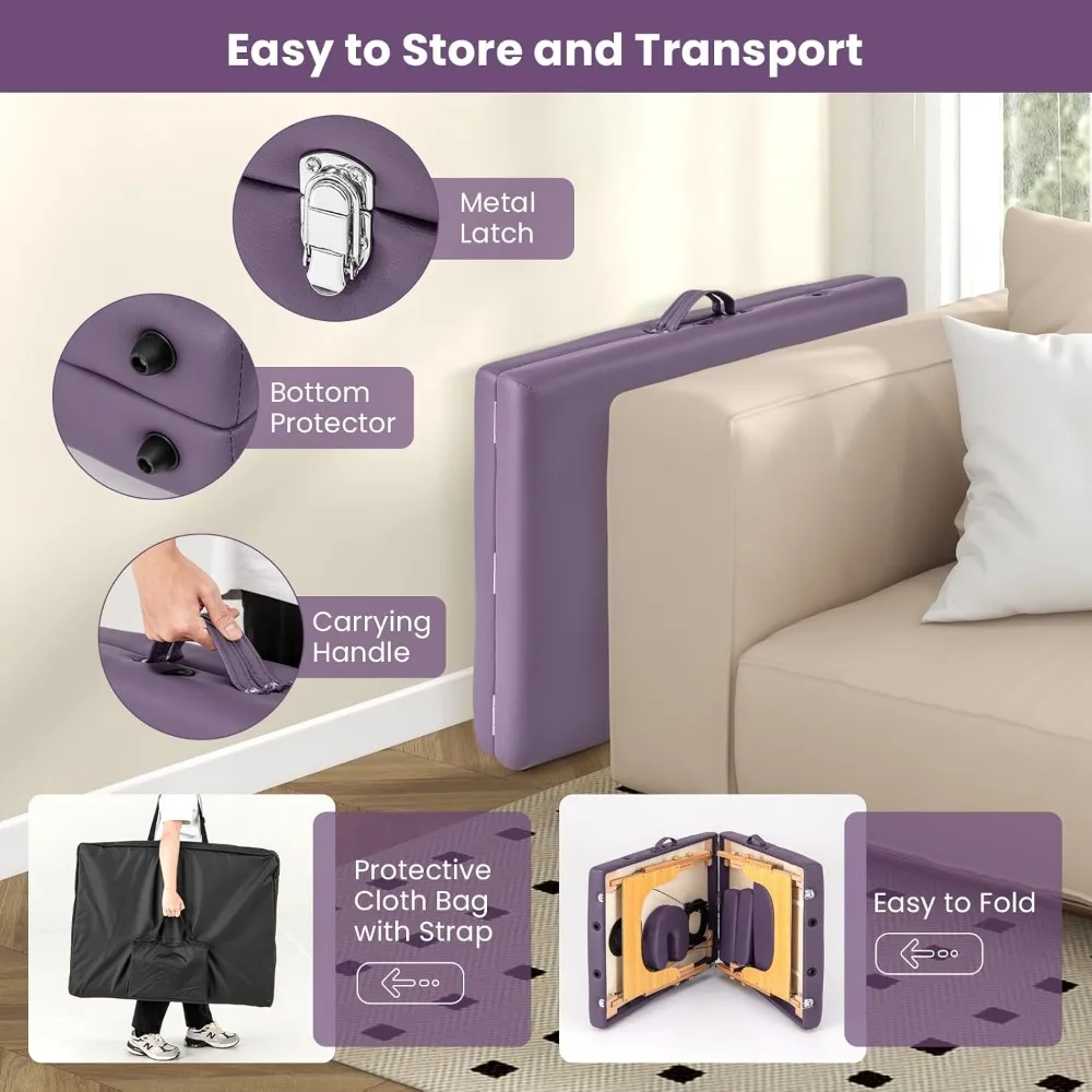 Stół do masażu, przenośne łóżko do masażu z futerałem, 2-częściowe łóżko do salonu spa, pielęgnacji twarzy, tatuażu, regulowane wysokości, drewniane