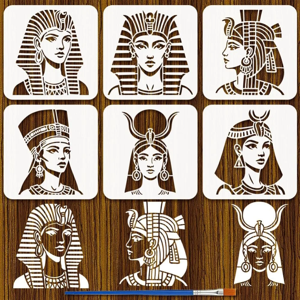 6Pcs Egyptian Goddess Painting Stencil with Paint Brush 7.9x7.9 Inch Egyptian Woman Painting Stencil Egypt Themes Stencils