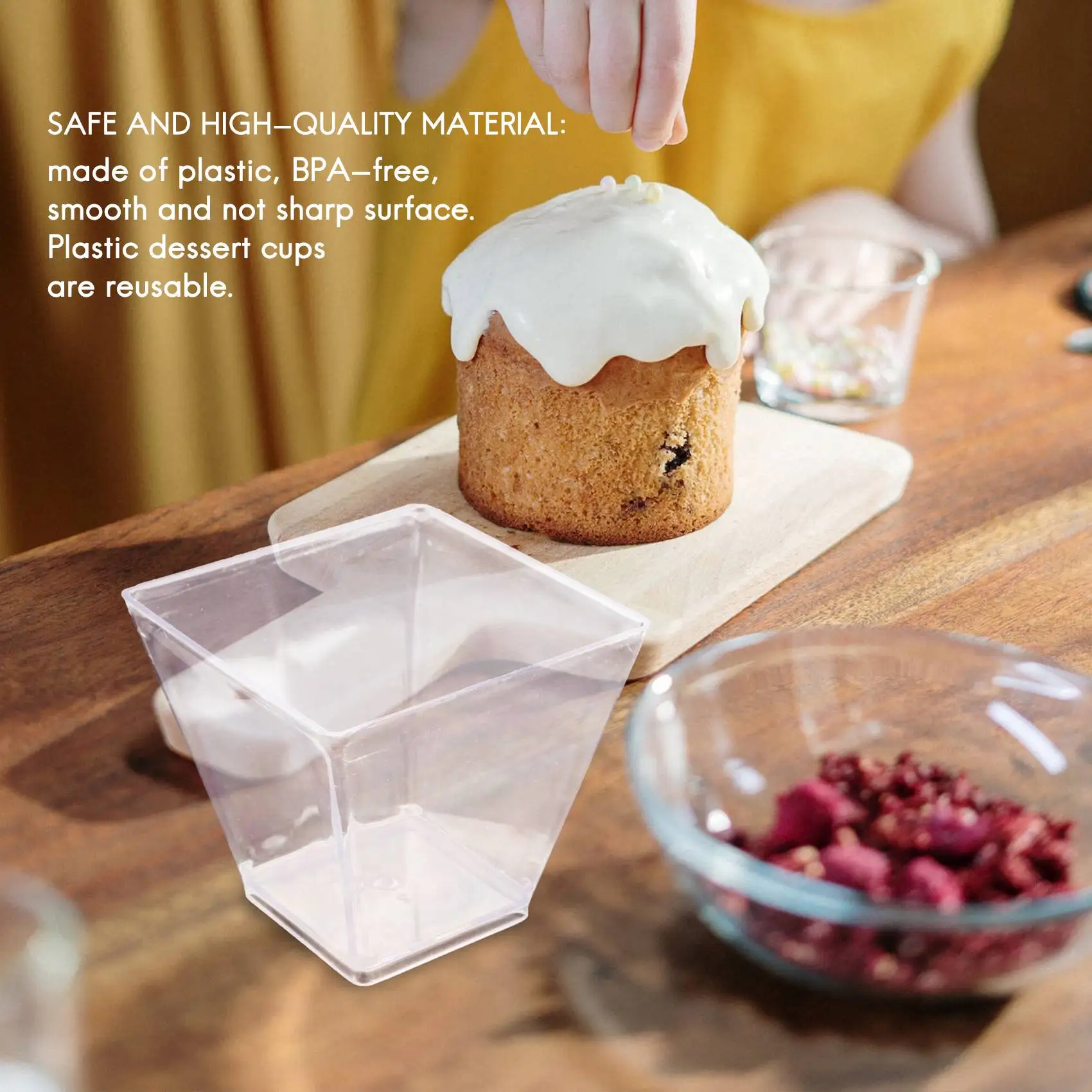 ABFU-Pack Of 50 Dessert Cups With Spoons, 60Ml Dessert Bowls Set, DIY Plastic Dessert Cups, Reusable Trapezoid Cups Set