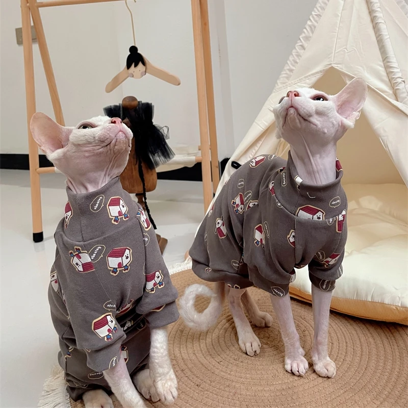 Cotton Coat for Sphynx Cat in Spring Autumn Soft Cartoon Jumpsuit Coffee Sweatshirt for Kittens T-shirt elestic For Devon Rex