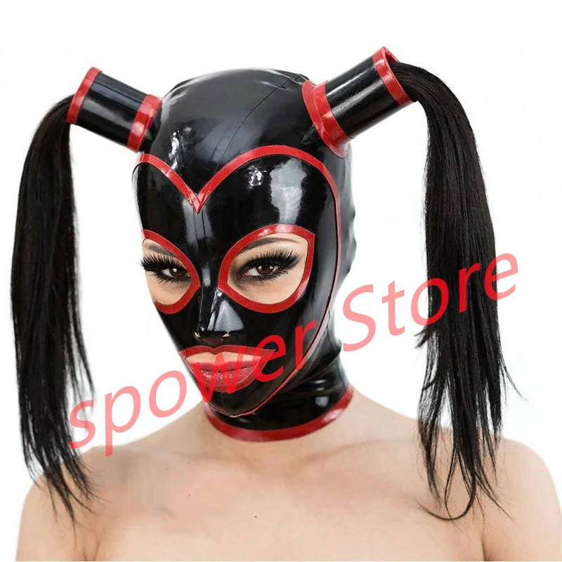 

Natural Latex Full Head Latex Hoods with Wig Rubber Mask Fetish Cosplay Costumes Red with Black Trim Back Zip Club Wear