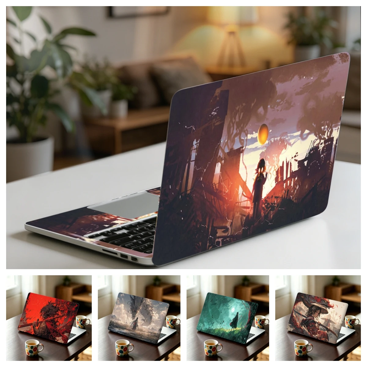 2‑Pcs Anime Samurai Ruins Sunset Laptop Skin Sticker Anti‑Scratch Waterproof Vinyl Notebook Decal Warrior Anime Art Laptop Decor