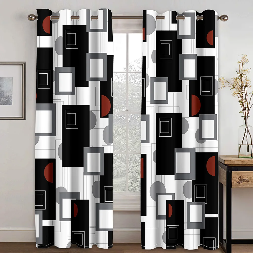 270*240 Cheap Abstract Geometric Black Red Modern Thin Two Windows Curtains for Living Room Bedroom Kitchen Office Decor 2Pieces