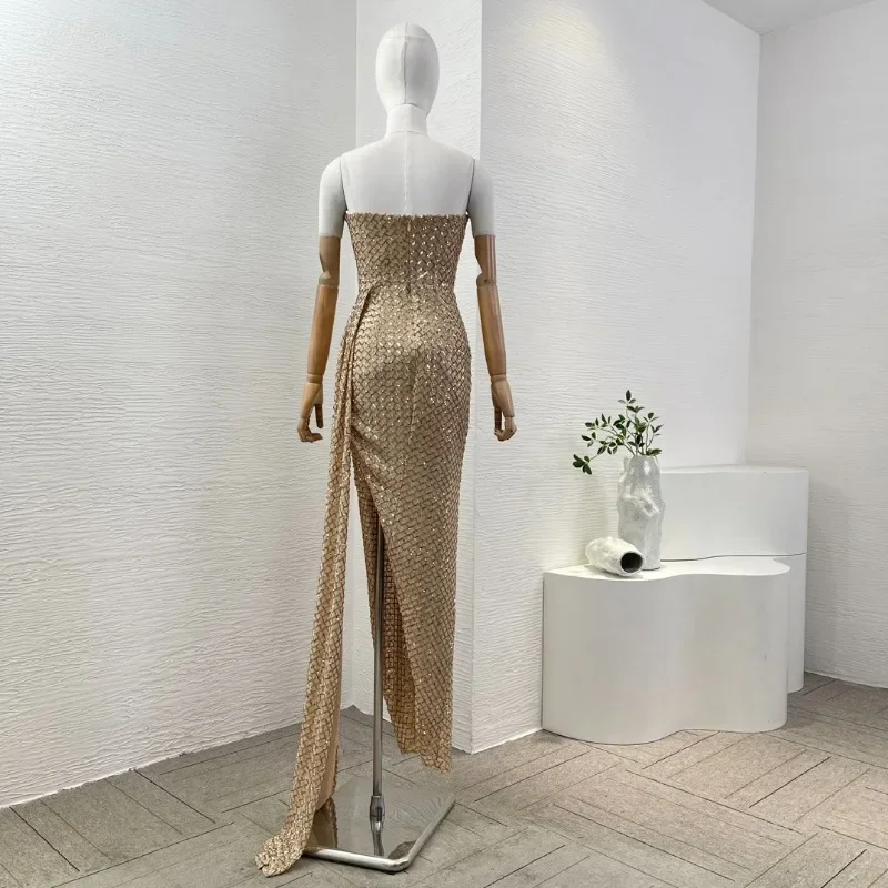 Gold Sequins Diamonds Slit Hem High Quality Irregular Hem Maxi Dresses Elegant Womens Party Dresses Christmas