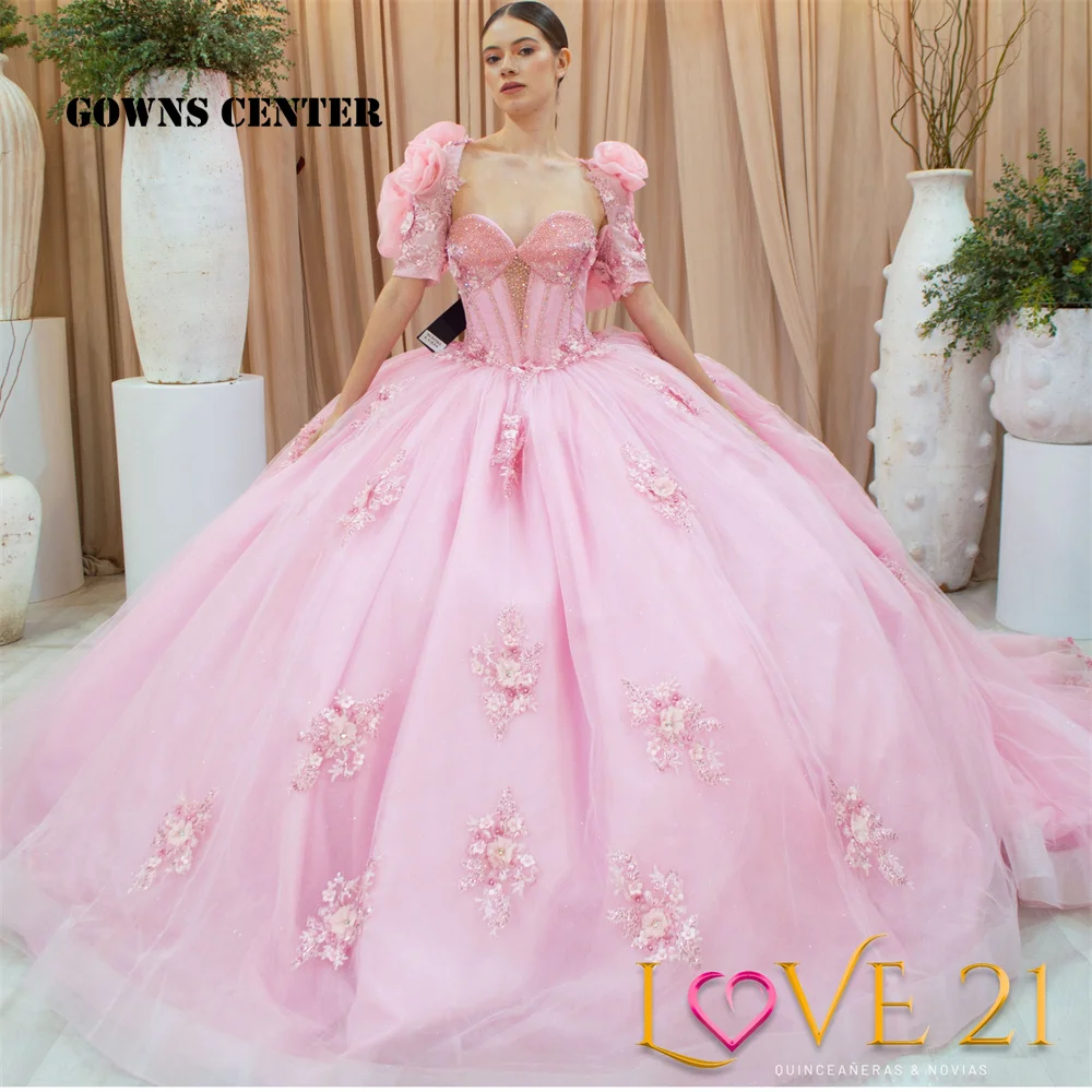 فساتين الأميرة Quinceanera الوردية الجميلة ، مزخرفة بالدانتيل ، فستان الكرة المزين بالخرز ، تنورة صغيرة ، فستان 16 حلو ، 15 سنة ،