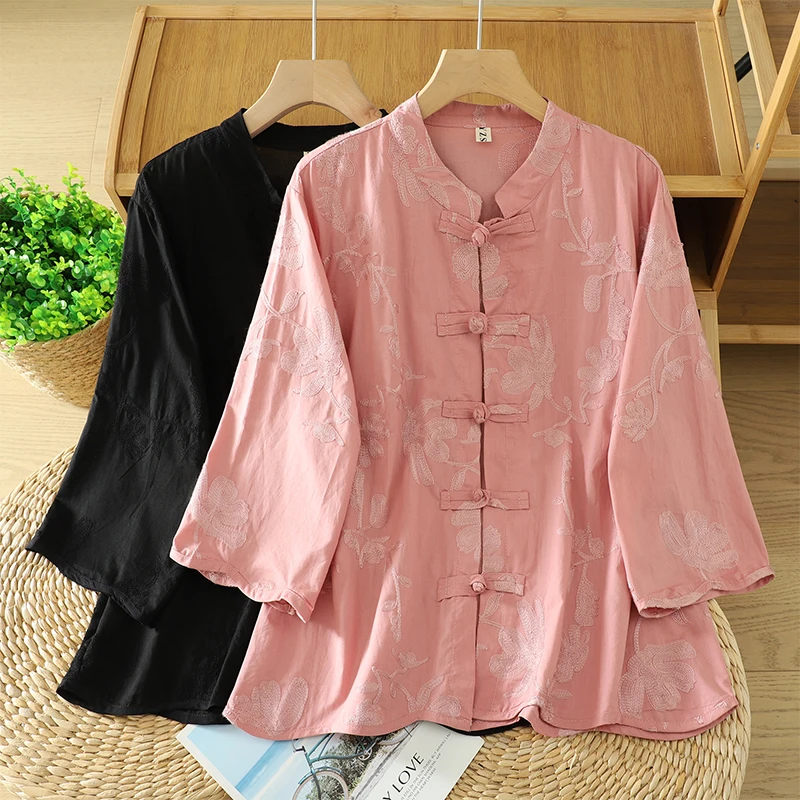 

Spring Autumn New Sle Heavy Embroidery Button up Cotton Linen Nine Sve Women's irt Traditional Chinese Mommy Outfit De...