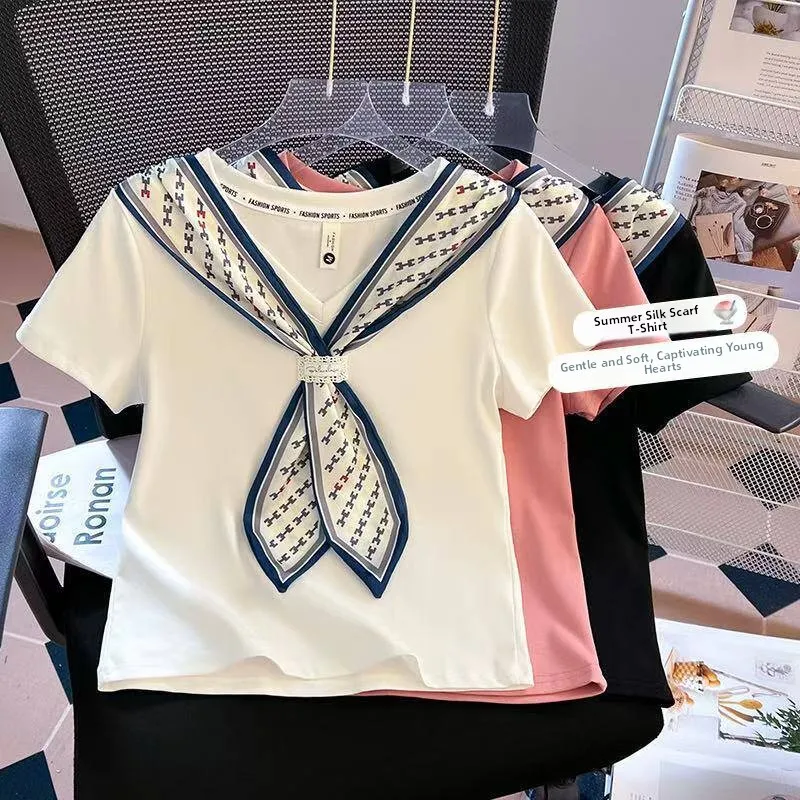Summer Korean Style T-Shirt Design High-End Feel Silk Scarf Fashionable Versatile Slimming Trendy Top Women's Short Sleeve Cr...