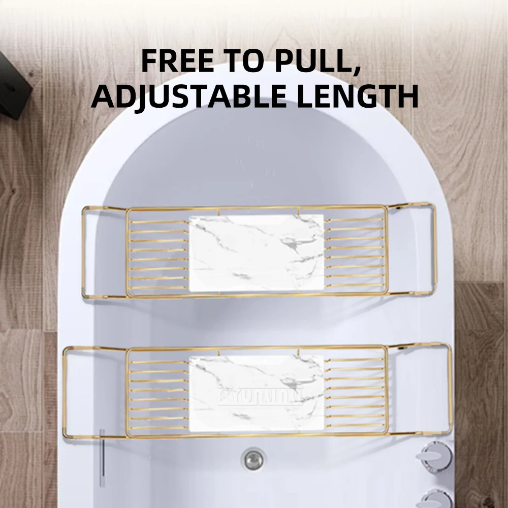 Stainless Steel Bathtub Caddy, Marble Non-Slip Bathtub Rack, Telescopic Bathroom Bathtub Shelf for Bath
