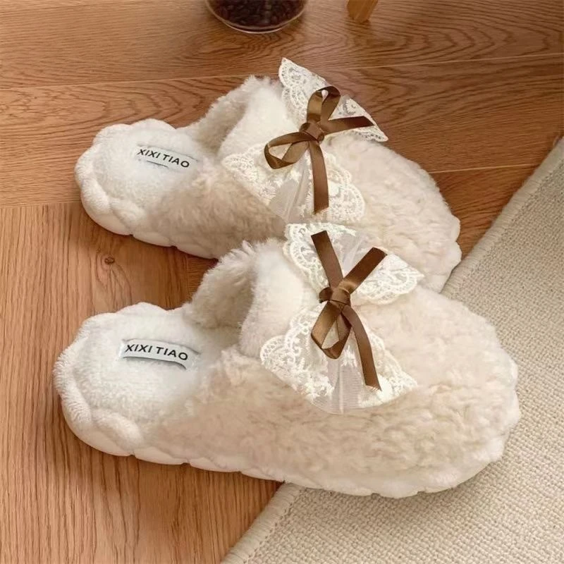 

Женские зимние теплые плюшевые тапочки, домашние мягкие меховые тапочки с бантом, кружевная милая домашняя обувь, уютная нескользящая напольная обувь для спальни, нечеткая мужская домашняя обувь