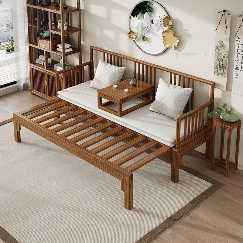 

Household new Chinese Arhat bed push-pull bed dual-purpose retractable Zen small apartment living room sofa bed solid wood floor