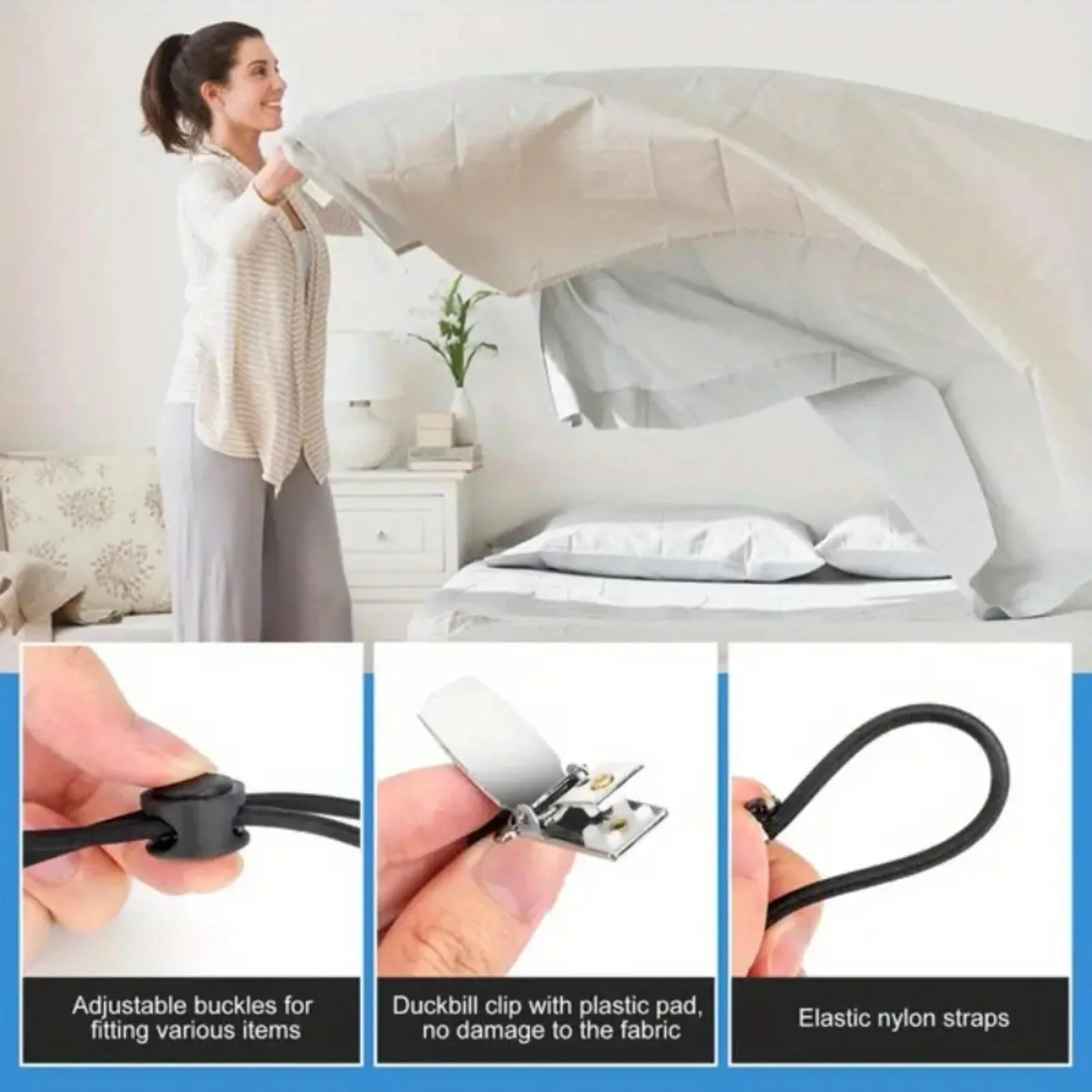 4 Stück verstellbare elastische Clips, rutschfester Griff, Nylonbänder, Bettwäsche, Sofakissen, Autositzbezüge, Planen, gemischte Farben, Blatthalter