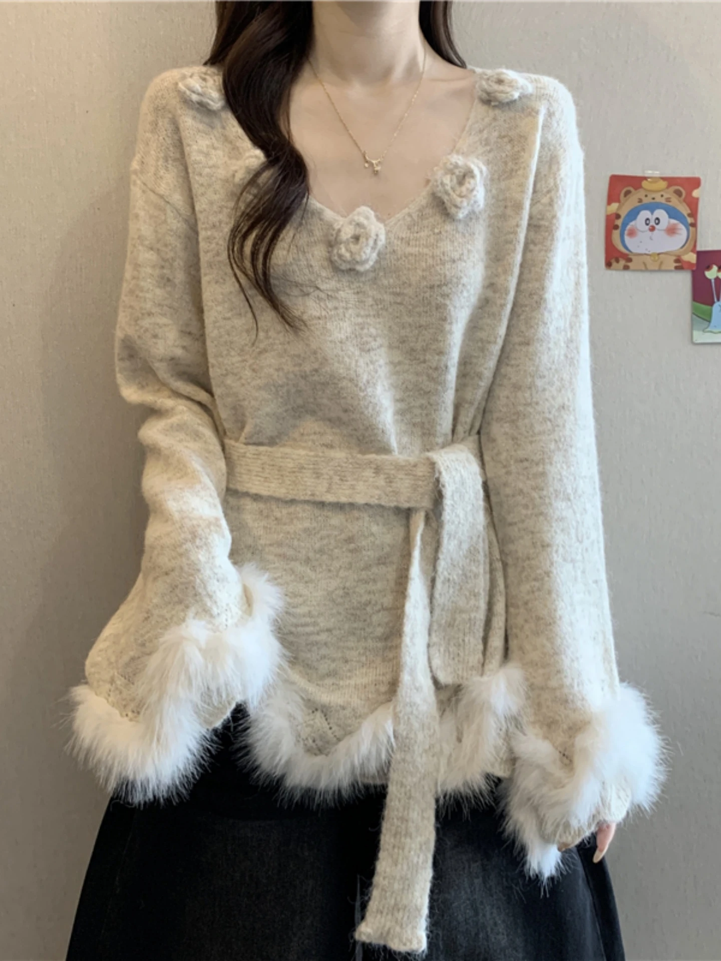 

Women's Knitted Base Shirt Sweater Spring Autumn plus Size Slimming Waist Cinched Belly Covering Top 3D Flower Decoration