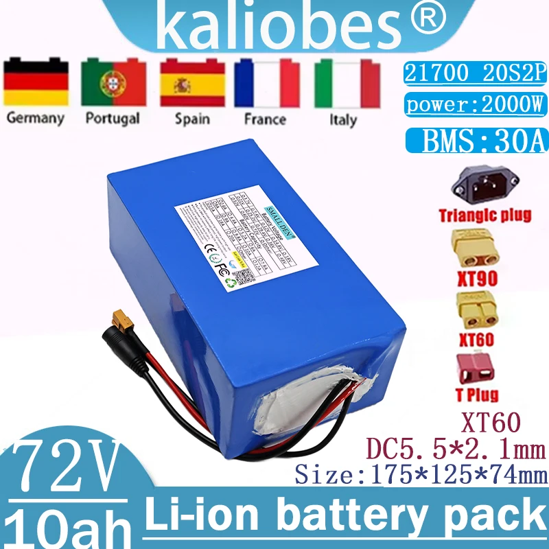 Brand new 21700 72V 10AH 20S2P A-class lithium battery pack,with 2000W high power and 30A BMS battery life for off-road vehicles