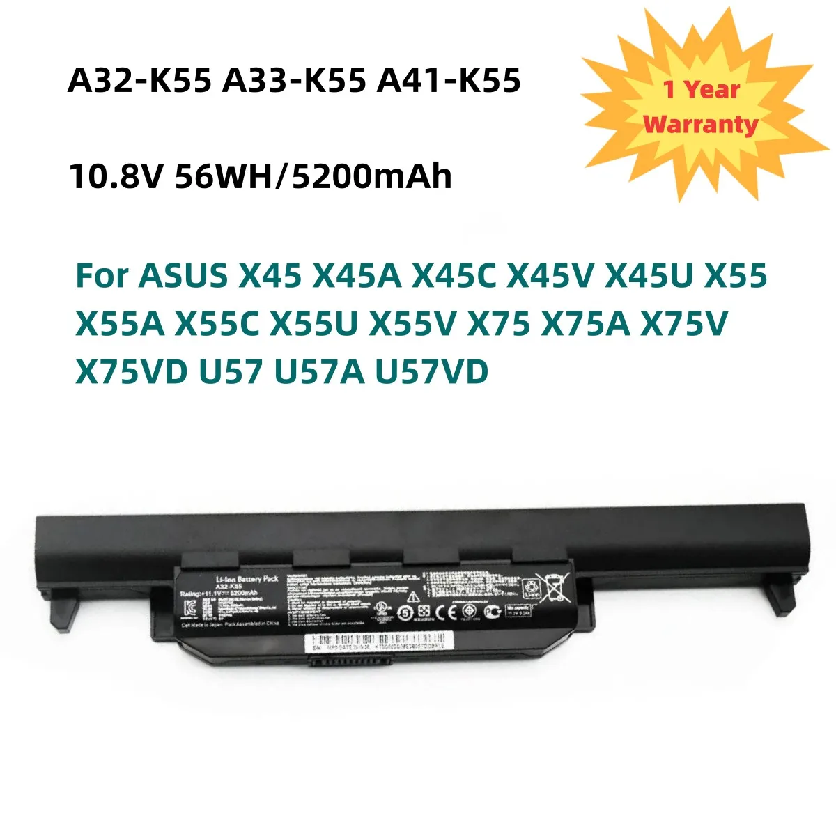 

10,8 V 56WH A32-K55 Аккумулятор для ноутбука ASUS X45 X45A X45C X45V X45U X55 X55A X55C X55U X55V X75 X75A X75VD U57 U57A U57VD