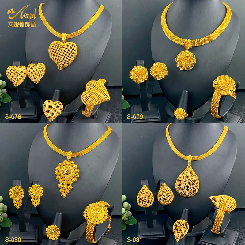 ANIID Dubai 24k Gold Color Pendant Jewelry Sets for Women Africa Necklace And Earrings Bracelet Ring Wedding Banquet Party Gifts