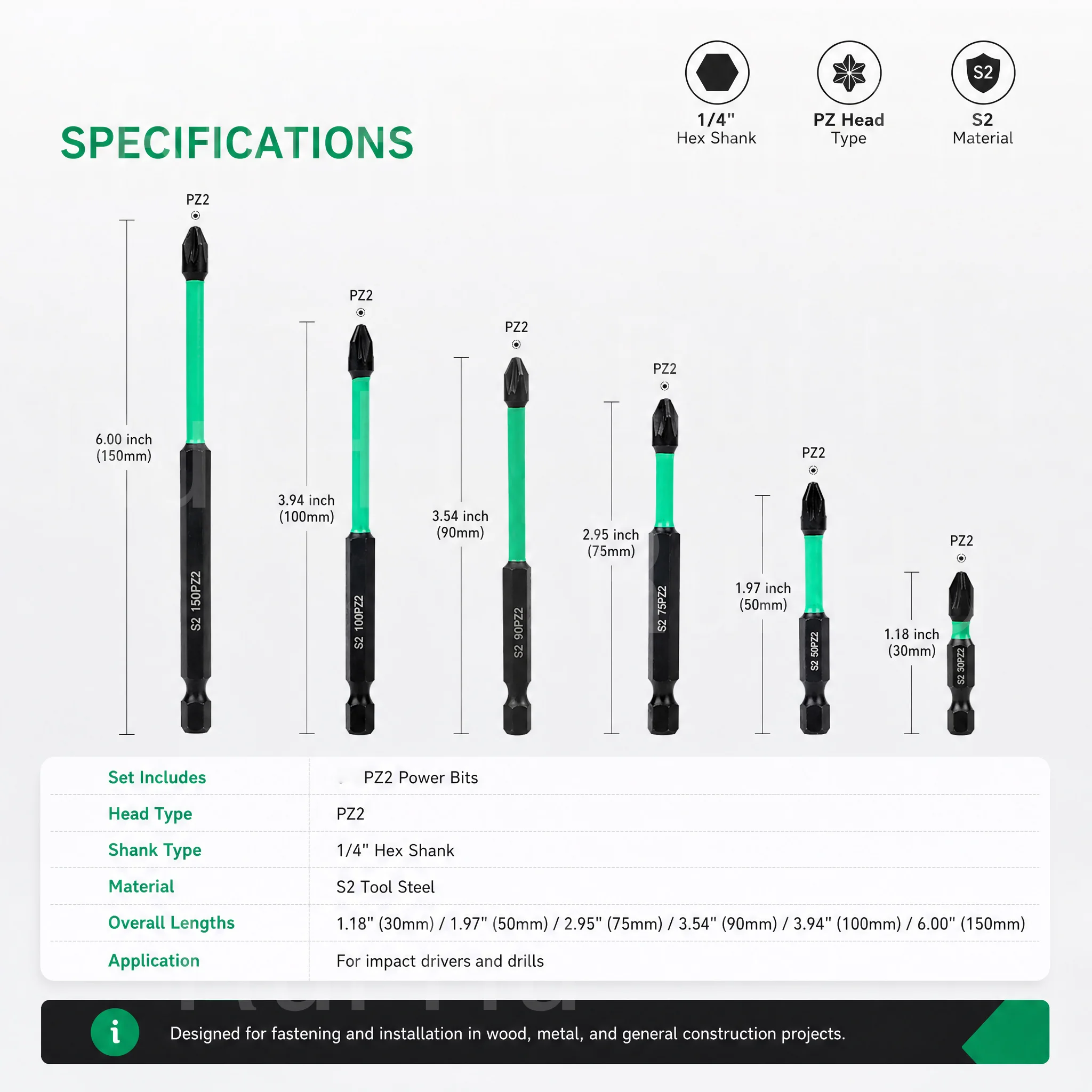 2Pc PZ2 Magnetic Impact Screwdriver Bits Set S2 Alloy Steel 1/4