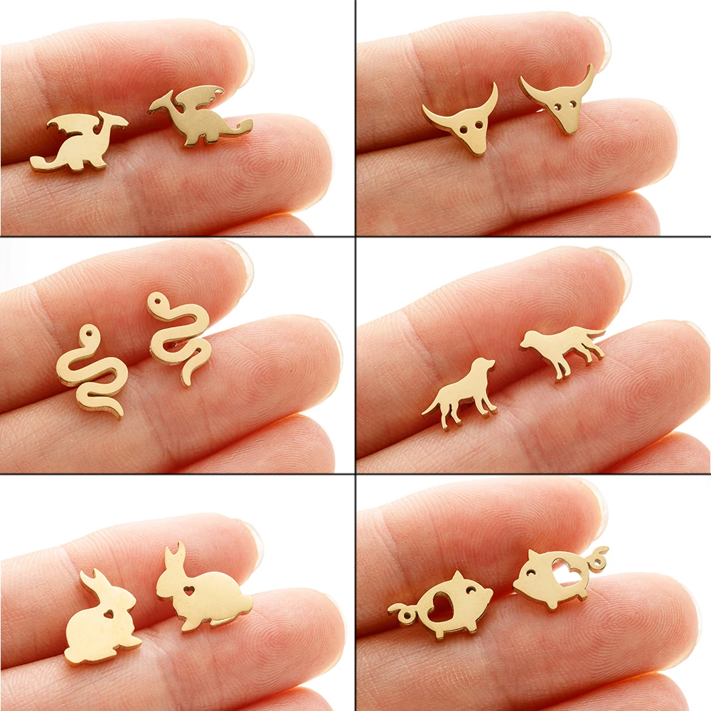 Shuangshuo 1 Pair Stainless Steel 12 Chinese Zodiac Animal Stud Earrings for Women Dragon Snake Rabbit Earrings New Year Gifts