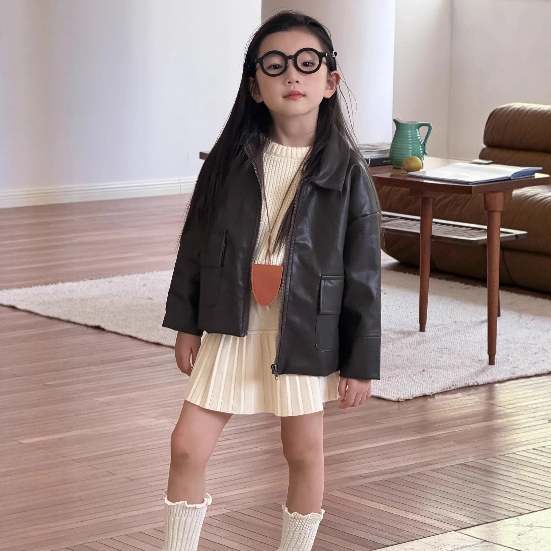 

Children's Leather Jacket 2025 Autumn New Solid Colour Lapel Leather Jacket For Boys And Girls